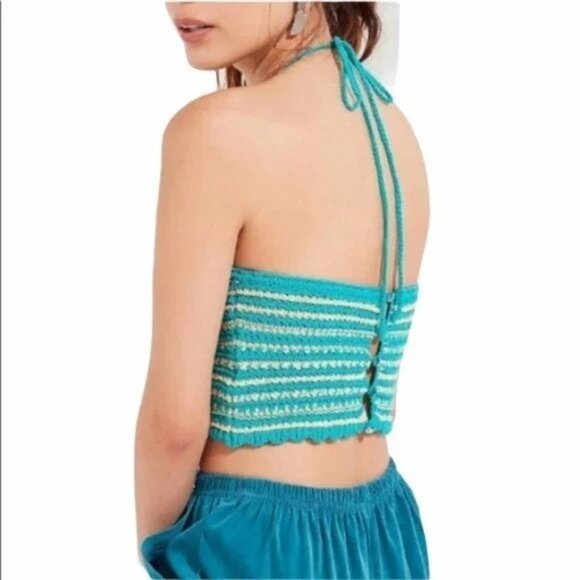 Urban Outfitters Blue Striped Crochet Halter Crop Top - Picture 4 of 6
